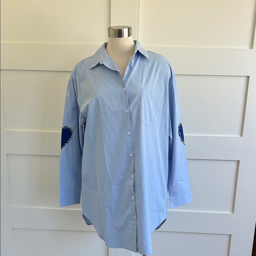 ROMI BASHA- light blue cotton tunic/button up top. Blue hearts.